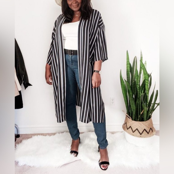 George Sweaters - Black, White and Indigo Striped Kimono